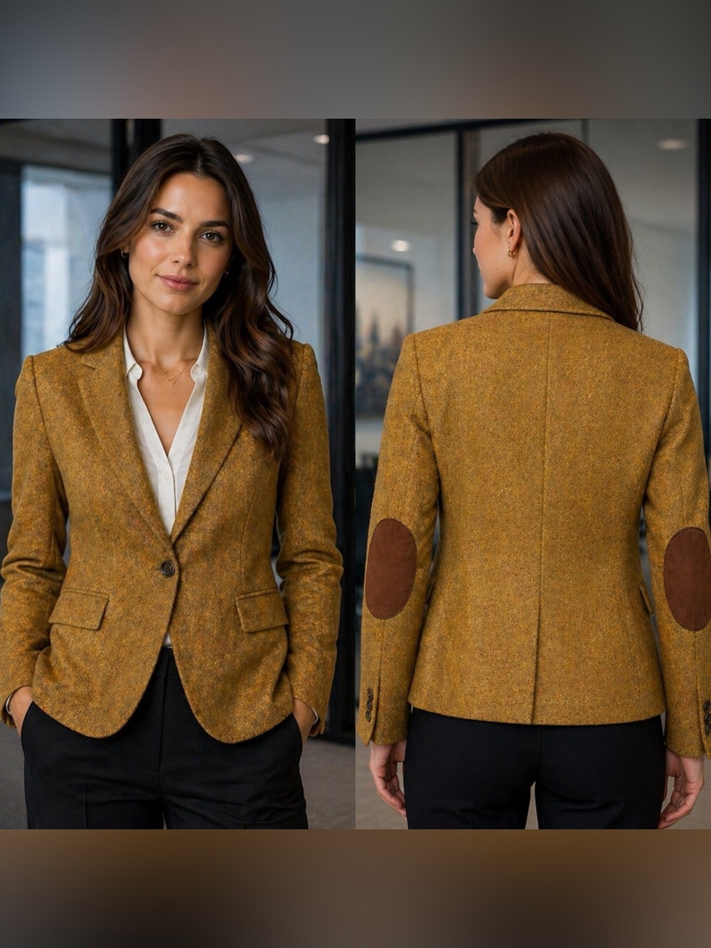 Zara Tweed Wool Tan Elbow Patch Blazer Women's Small
